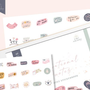 May include: A sticker book with 48 motivational quotes. The stickers are pink, blue, and green with white lettering. The cover of the sticker book is pink with white lettering and a light green background.