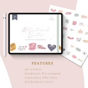 May include: A digital tablet displaying a sticker book with motivational quotes. The sticker book is titled "Motivational Quotes" and features 48 stickers. The stickers are pre-cropped and come as individual PNG files. The sticker book also includes a cover.