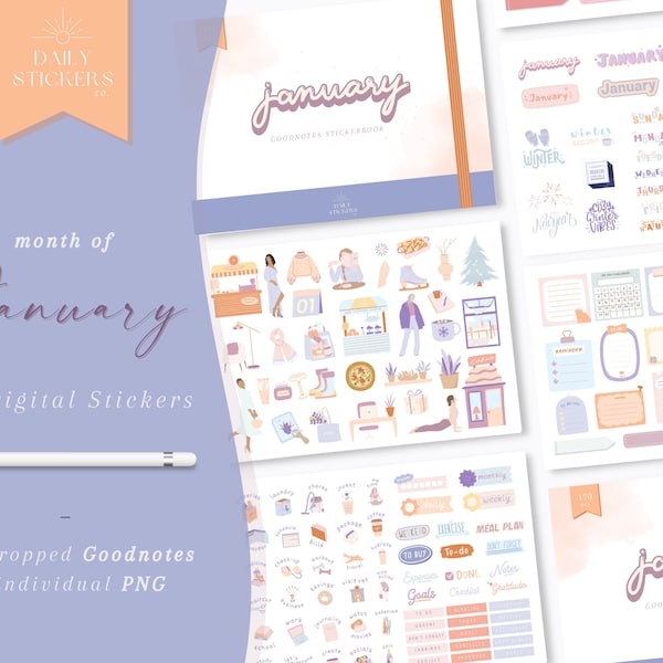 Month of January Goodnotes Digital Stickers for Everyday Use, Monthly Stickers, New Year Stickers, Modern Stickers, January Stickers
