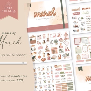 Month of March Goodnotes Digital Stickers for Everyday Use, Monthly Stickers, Daily Stickers, Modern Stickers, March Digital Stickers