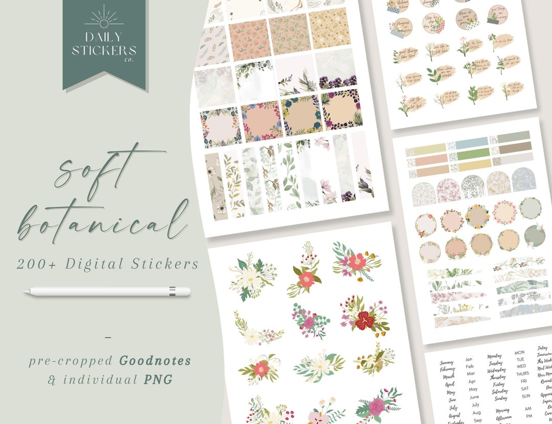Botanical Digital Stickers: Soft Floral Garden, Goodnotes PNG (218 PCS ...