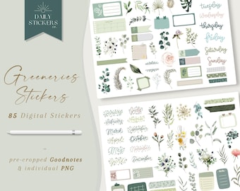 Greeneries Digital Stickers: Botanical Plants & Leaves (85 PNG for Goodnotes)