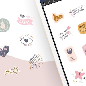 May include: A set of digital stickers with motivational quotes and illustrations. The stickers feature phrases like "You are exactly where you're supposed to be", "You will see it through", "You got it", and "Celebrate small wins!" The stickers are designed in a modern, minimalist style with a pink, blue, and yellow color palette.