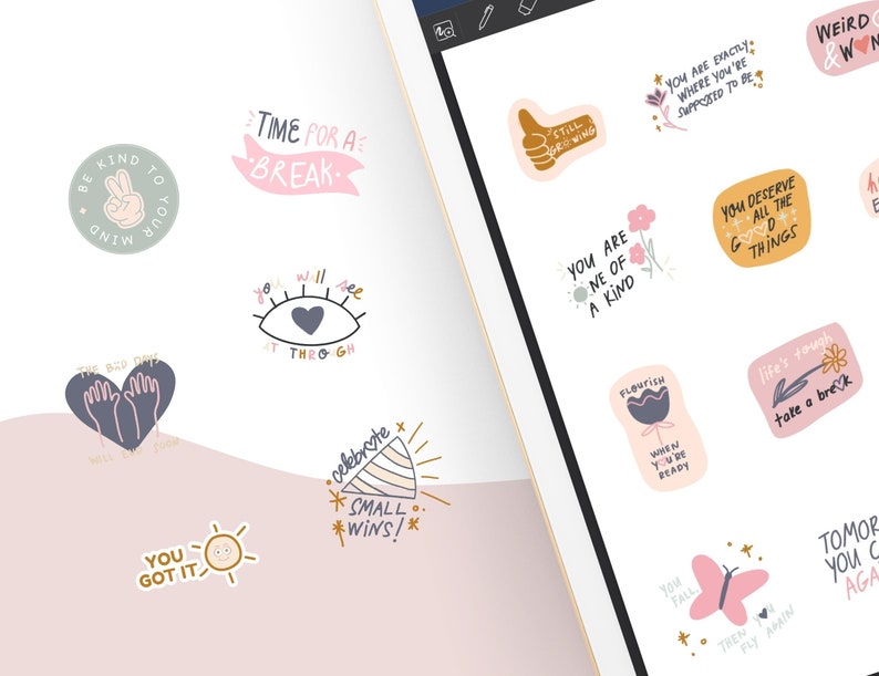 May include: A set of digital stickers with motivational quotes and illustrations. The stickers feature phrases like "You are exactly where you're supposed to be", "You will see it through", "You got it", and "Celebrate small wins!" The stickers are designed in a modern, minimalist style with a pink, blue, and yellow color palette.
