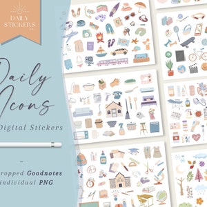 Può includere: Un set di 400 adesivi digitali che presentano varie icone quotidiane. Gli adesivi sono pre-ritagliati per Goodnotes e file PNG individuali. Le icone includono una varietà di temi, come viaggi, casa, scuola e natura.