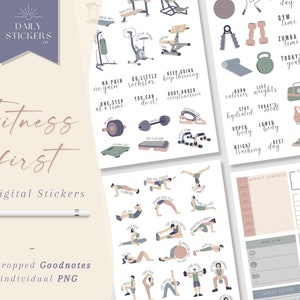 Puede incluir: Un conjunto de 79 pegatinas digitales con ilustraciones de temática fitness. Las pegatinas incluyen imágenes de equipos de ejercicio, frases motivacionales y rutinas de entrenamiento. Las pegatinas están diseñadas en un estilo minimalista con una paleta de colores rosa y azul.