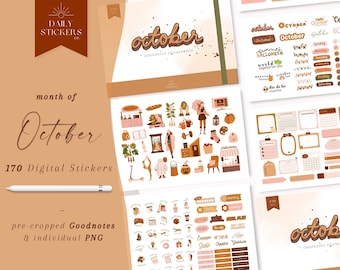 May include: A digital sticker set for the month of October with 170 pre-cropped stickers for Goodnotes and individual PNG files. The stickers feature a variety of designs, including pumpkins, leaves, and other fall-themed elements. The stickers are in a warm color palette of orange, brown, and pink.