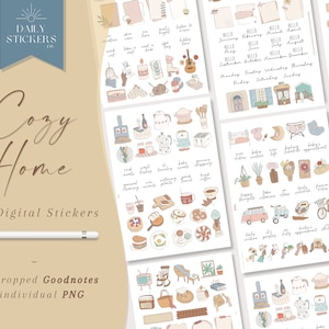 May include: A set of 165 digital stickers featuring illustrations of a cozy home theme. The stickers include images of furniture, plants, food, and other home-related items. The stickers are pre-cropped for use in Goodnotes and are available as individual PNG files.