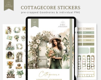 May include: A digital planner sticker pack with 63 cottagecore themed stickers. The stickers feature floral wreaths, a woman in a hat, a door with vines, and a variety of other cute designs. The stickers are pre-cropped for use in Goodnotes and are also available as individual PNG files.