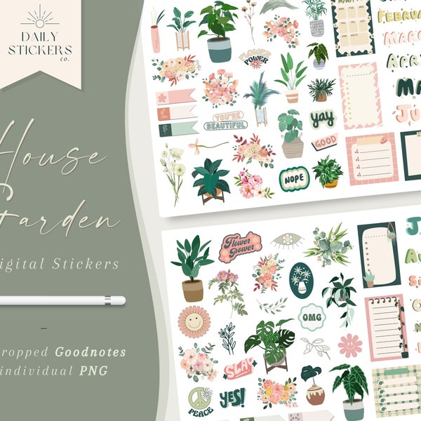 House Garden Digital Stickers for Goodnotes Botanical Stickers, Garden Stickers, Greeneries Sticker, Floral, Plants, Leaves Planner Stickers