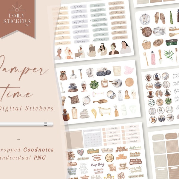 Pamper Time Goodnotes Digital Stickers, Spa Digital Stickers, Self-Care, Modern Stickers, Me Time, Skincare Stickers, Relaxation Stickers