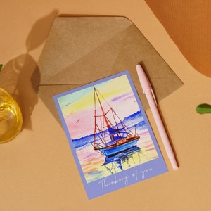 Je pense à vous | Carte coucher de soleil sur un bateau | Carte de voeux Saint-Valentin | Carte vierge|Carte de fête| CARTE D'AMOUR| Carte peinte à la main|Carte d'anniversaire