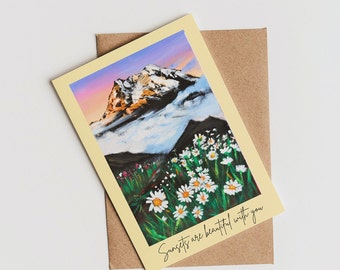 Sunsets are beautiful with you card|Mountains card| greeting card|Blank card| Valentine's Day card|LOVE CARD|Hand-painted card|Birthday card