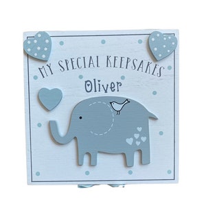 Baby Boy Memory Personalised Box - Blue Elephant wooden memory box