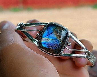 Brazalete de plata de ley con labradorita: Pulsera ajustable hecha a mano con piedras preciosas