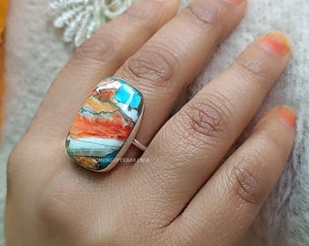 Oyster Copper Turquoise Ring: Handmade 925 Sterling Silver Band