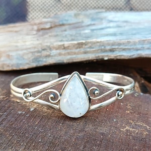 Handmade Moonstone Bangle: 925 Sterling Silver Adjustable Bracelet