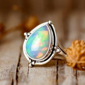 Fire Opal Ring: Solid Sterling Silver, Handmade Engagement Ring