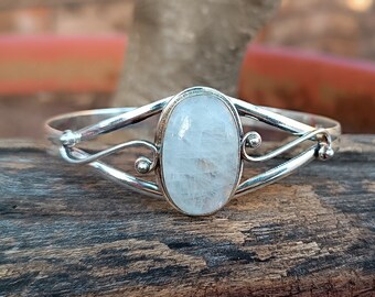 Handmade Moonstone Cuff Bangle: 925 Sterling Silver Adjustable Bangle