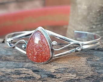 Handmade Sterling Silver Sunstone Bangle: Adjustable Gemstone Jewelry