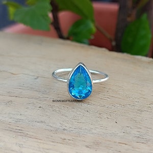 Blue Topaz Ring: Pear Stone 925 Sterling Silver Statement Ring