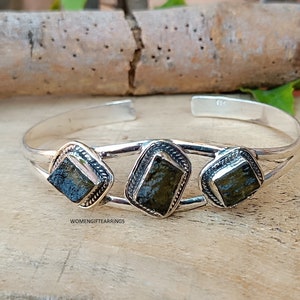 Raw Labradorite 925 Silver Bangle - Adjustable Handmade Jewelry