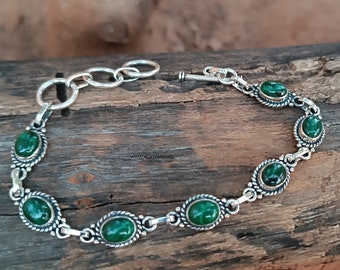 Pulsera de malaquita hecha a mano en plata de ley 925 - Ajustable