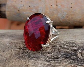 Natural Red garnet ring 925 sterling silver ring emerald cut garnet engagement ring birthstone ring for women Silver Jewelry Garnet Ring