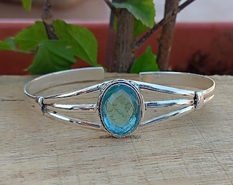 Brazalete de plata de ley 925 con topacio azul: Pulsera ajustable con piedras preciosas