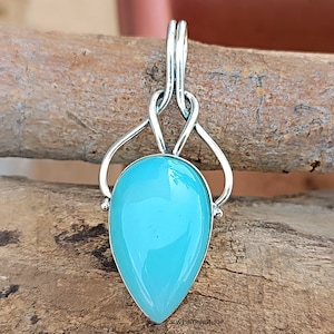 Blue Chalcedony Pendant: Handmade 925 Sterling Silver Plated Boho Necklace