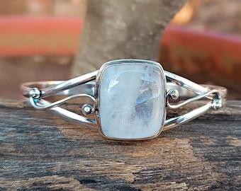 Handmade Moonstone Cuff Bangle: 925 Sterling Silver Adjustable Bangle