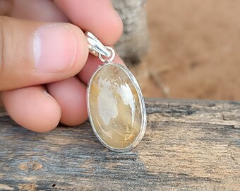 Handmade Oval Golden Rutile Quartz Pendant: 925 Sterling Silver