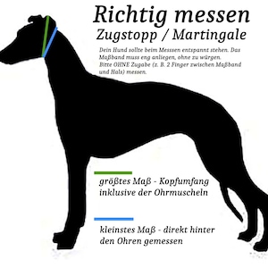 May include: Black silhouette of a dog with instructions on how to measure a dog's neck for a Zugstopp or Martingale collar. The text says "Richtig messen Zugstopp / Martingale" and includes instructions on how to measure the dog's neck for the largest and smallest measurements. The largest measurement is "gr&ouml;&szlig;tes Ma&szlig; - Kopfumfang inklusive der Ohrmuscheln" and the smallest measurement is "kleinstes Ma&szlig; - direkt hinter den Ohren gemessen".