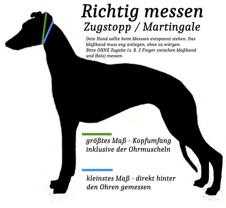 May include: Black silhouette of a dog with instructions on how to measure a dog's neck for a Zugstopp or Martingale collar. The text says "Richtig messen Zugstopp / Martingale" and includes instructions on how to measure the dog's neck for the largest and smallest measurements. The largest measurement is "gr&ouml;&szlig;tes Ma&szlig; - Kopfumfang inklusive der Ohrmuscheln" and the smallest measurement is "kleinstes Ma&szlig; - direkt hinter den Ohren gemessen".