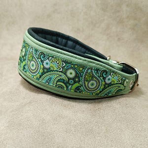 Könnte beinhalten: Ein grünes Hundehalsband mit einem Paisley-Muster in Grün- und Blautönen. Das Halsband hat eine schwarze Innenseite und eine silberfarbene Schnalle. Das Halsband besteht aus Leder und Stoff.