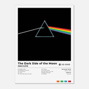 Könnte beinhalten: Ein rechteckiges Poster mit dem Albumcover von The Dark Side of the Moon von Pink Floyd. Das Design zeigt einen weißen Lichtstrahl, der in ein Prisma eintritt und als Regenbogenspektrum auf schwarzem Hintergrund austritt, inklusive Titelliste.