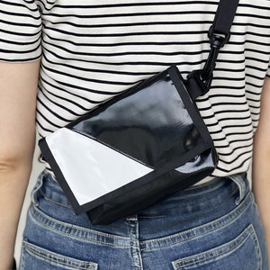 Shoulder bag made from truck tarpaulin, upcycled bum bag, upcycle bicycle bag, crossbody bag made from recycled truck tarpaulin, stylish belt bag.