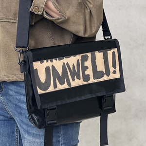 Unique! Upcycled messenger bag made from truck tarpaulin, upcycled shoulder bag, crossbody bag made from truck tarpaulin, courier bag black recycling