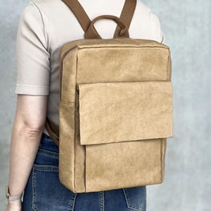 Zaino in carta kraft, zaino vegano, pelle vegana, zaino sostenibile in carta kraft lavabile, per laptop fino a 14 pollici