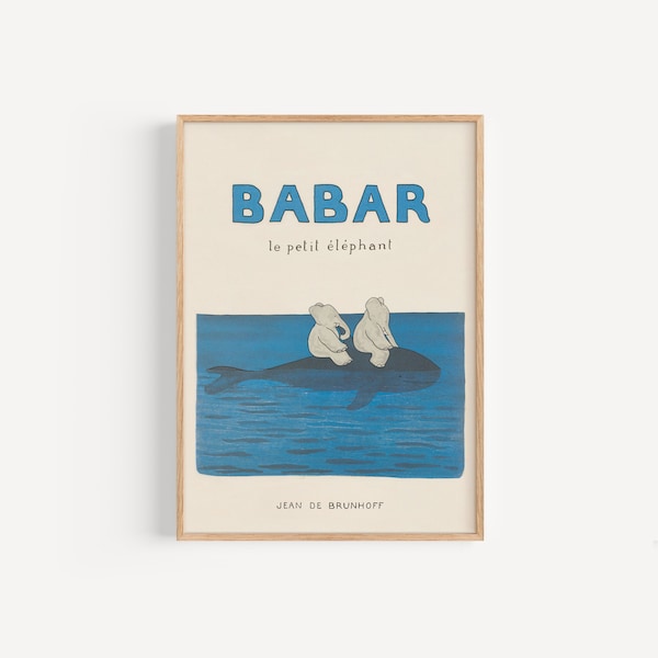 Babar et la Baleine • Digital download of vintage Babar the Elephant art print in sizes A3 and 12x16 inches for kids room or nursery