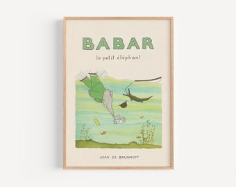 Babar le Petit Éléphant • Digital download of vintage Babar the Elephant art print in sizes A3 and 12x16 inches for kids room or nursery