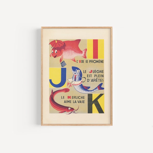 Digital download of 1940s French alphabet book fish art print in A3 and 12x15 inches • Alphabet des petits poissons et des gros • I, J and K