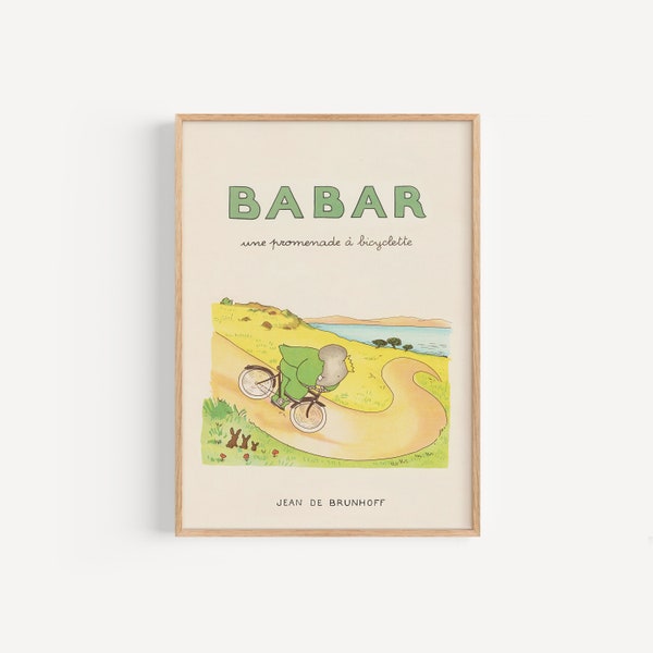 Babar à bicyclette • Téléchargement numérique de l'impression d'art vintage Babar l'éléphant dans les tailles A3 et 12x16 pouces pour chambre d'enfant ou crèche