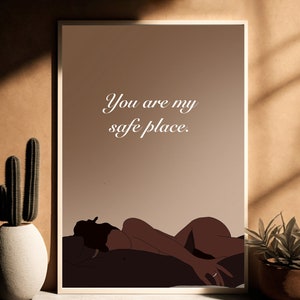 May include: A digital illustration of a person lying down with the text "You are my safe place." printed above them.