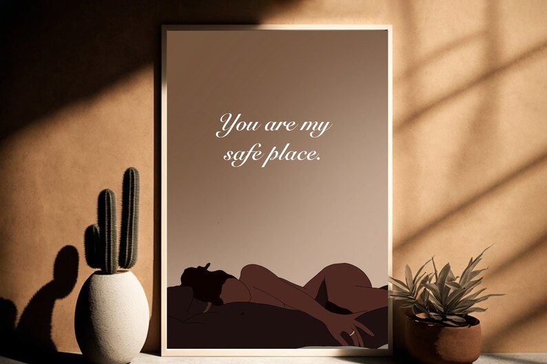 May include: A digital illustration of a person lying down with the text "You are my safe place." printed above them.