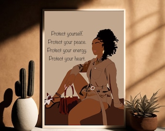Black Woman Art Print: Self Care Quote, Feminine Wall Art (Digital Download)