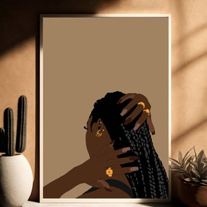 Black Woman Art Print: Afro Braids, Gold Rings (Digital Download)