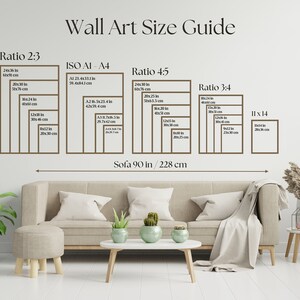 Op de afbeelding: Een wandkunst-groottehandleiding met verschillende verhoudingen en metingen in inches en centimeters. De gids laat zien hoe groot kunstwerken moeten zijn om er goed uit te zien boven een 90 inch lange bank.