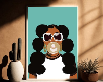 May include: A digital illustration of a person with dark brown skin, wearing white sunglasses and a white shirt with a black collar. The person has large, dark brown hair styled in multiple buns. The person is blowing a bubble of pink and white bubble gum.