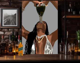 Lámina artística de mujer negra con vino: decoración de pared afroamericana (PDF)